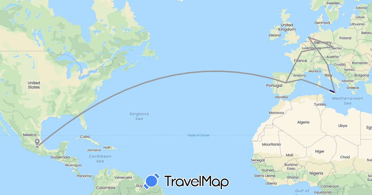 TravelMap itinerary: driving, plane in Czech Republic, Spain, France, Italy, Mexico, Netherlands (Europe, North America)